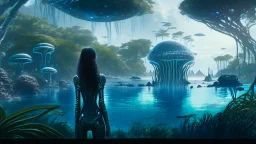 detailed matte painting of a wide-angle shot of a woman standing on the right-hand side of an alien beach, with dark hair in a silver robotic catsuit, many floating mushrooms with jellyfish tentacles, alien jungle trees in the distance, deep colour