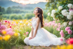 romantic environment heaven flowers clear nice clouds ,young girl gracefully whispering her lovely joy,full body shot.