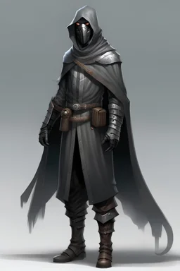 a person wearing a mask, goggles , grey hooded cloak and leather armor, full body