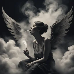 women sitting forward Her face turned upwards and blows cigarette smoke from their mouth. It depicts a figure with wings emerging from its back. behind the clouds of smoke seen death. dark and mysterious