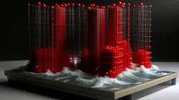 Architectural model of a turbulent sea during a storm, with vertical reinforced concrete poles supporting modular cubicles and red spheres.