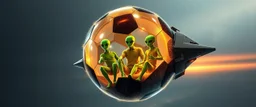 highly regular and hairy transparent soccer ball space ship with green alien director men inside, front flaps, ailrons, smiling welcoming