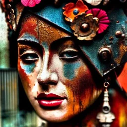 an abstract painting oil in canvas of rusted metal and flowers, Geisha portrait, rust, scaffolding, iron cladding, decay, mixed media, textured, anatomically correct, beautiful perfect face, sharp focus, highly detailed, BladeRunner movie poster, masterpiece, realistic, intricate detail, sci-fi fantasy style, volumetric lighting, particles, highly detailed ,cinamatic , deep colours, 8k, by Gustav Klimt , signed YAK