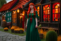 Full body shot of a tall slim pretty, red-headed young female witch, casting magical glowing symbols into the air, dressed in a long flowing green dress, standing in front of a row of cottages and shops with thatched roofs