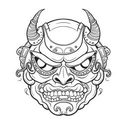 White, minimalis line art , oni mask japanes funny fat, vector, white background, outline, with images neatly contained within the background, just black and white color,