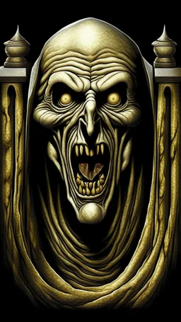 The mummy all in white laying in his death chamber Howling in Bosch painting style