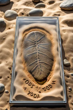 a close up concave imprint of a gigantosAurus footprint, imprinted within the sand inside of a glass box filled half way with sand, it's a big footprint with 3 toes, surrounded by shiny river stones,leaves and a walking stick, outside on the glass is a metal nameplate with "Yoda" written on it