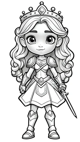 black and white, LOGO ((white background,)) coloring drawing page, cartoon, style pixar, line art, All body, beautiful cute princess warrior, with cute hair and eyes, sparkles,