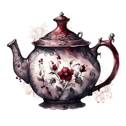 watercolor draw gothic vintage teapot, dark red with flowers, white lace and rubies, white background, Trending on Artstation, {creative commons}, fanart, AIart, {Woolitize}, by Charlie Bowater, Illustration, Color Grading, Filmic, Nikon D750, Brenizer Method, Side-View, Perspective, Depth of Field, Field of View, F/2.8, Lens Flare, Tonal Colors, 8K, Full-HD, ProPhoto RGB, Perfectionism, Rim Lighting, Natural Lightin