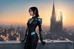 A slim Woman With Black shoulder length hair, Wearing an android-looking suit, standing sideways On a ledge of a building, with a moon Behind Her Head, towering spires and buildings highlighted by the setting sun