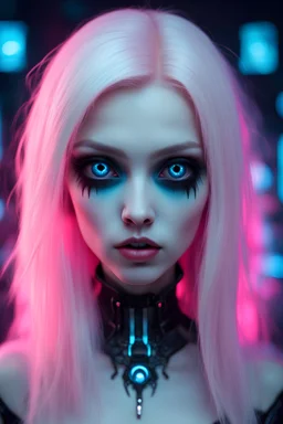 Cute sexy vampire email albino detailed large eyes with neon fluorescent colored eyes pink and blue, 8k, finely detailed, dark light, photo realistic, cyberpunk gothic emo girl ,award-winningorror, nightmare, insane graphics, perfect lighting in shado