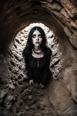 Closeup tall Girl goth with big eyes, crushed for tunel walls, inside claustrophobic, ragged clothes, fullbody, the perspective looking up from the bottom of an empty well , 8k,macro photography,