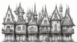 A technical front view pencil drawing of a row of neglected tall, narrow fantasy houses of different heights.