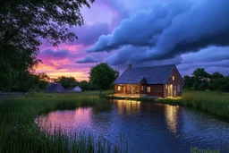 small pond beside the beautiful small house, stunning sunset,early evening, wild clouds,ultradetailed, insane resolution,,8k, hdr