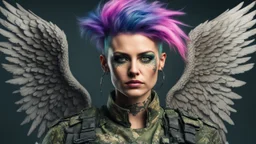 beautiful Punk woman Angel 35 years old, fragile, portrait, military clothing, mystical, bright colors, creative hairstyle, tattoo, piercing, photorealistic image, military, camouflage clothing, fine rendering, high detail, 8K