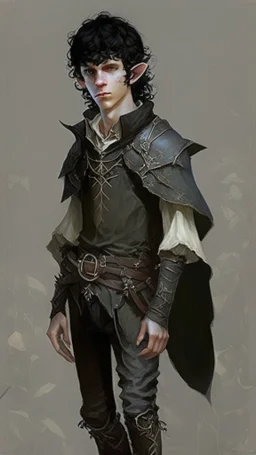 a teen elf. he has curly, black hair and sharp cheekbones. His eyes are black. He wears fantasy medieval clothes with boots. he is lean and tall, with pale skin. full body