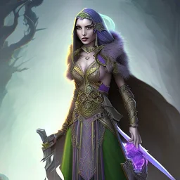 D&D character, female, vampire, druid, nature, tan skin, purple galaxy cloak