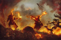 Priest smites demon with fire, armies battling in the background, romanticism.