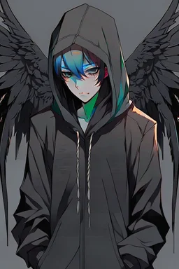 Anime man with black wings, wearing a hoodie