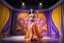 modern stage with gray-dark yellow blueish violet theme artistic decoration , color full dynamic lighting, a beautiful lady in maxi dress with shining silver jewels ,curvy long hair,dancing, 3D recursive fractal structure animating background