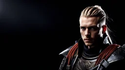 photorealistic hyperdetailed portait of 28-year-old german male, as mercenary with long blonde braided and undercut hair, tribal and neatly trimmed beard, modern clothing, dark fantasy