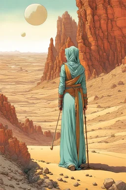 create a surreal, enigmatic, otherworldly, portrait of a nomadic shepherdess inhabiting an ethereal desert canyon land in the comic book style of Jean Giraud Moebius, David Hoskins, and Enki Bilal, precisely drawn, inked, and colored