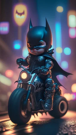 A Sharp Kawaii tiny hyper realistic baby batman riding mini harley davidson, wearing bikers clothes with freestyle action, night of cyberpunk city background. wide angle full body, 8k, Cinematography, photorealistic,epic composition Unreal Engine,Cinematic, Color Grading, Portrait Photography,Ultra-Wide Angle, Depth of Field, hyper detailed