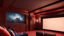 Generate an image of a cozy home theater with our top-notch projectors and surround sound systems