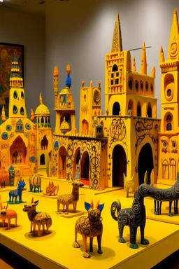 A yellow electrical city designed in Oaxacan Alebrijes painted by Clyfford Still