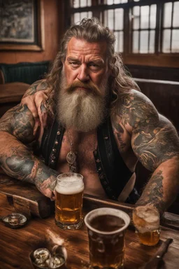 full body shot photography of a burly tired muscular beefy stocky viking tattoed 58 years old lying down relaxing on a table full of glasses of beer in irish pub, manly chest, shirtless, hairy torso, dressed wth traditional dress,, long hair, long beard, emotive eyes, big shoulders, ambient occlusions, photorealistic , top view