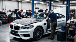 A car repair shop where several people are repairing a BMW M6 series.