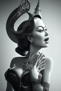 Joan Crawford as evil queen in black leather, busty, cleavage, dominatrix, curvy, angry, stern look. unreal 5, octane render, cinema4d, dynamic lighting, dramatic lighting, 4k, redshift render, highly detailed, hyper realistic,anthropomorphic