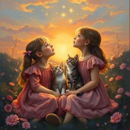 A magical moment in a painterly sunset garden. The two girls sit close together with the three kittens cuddled between them, looking up toward the glowing evening sky. Above them, soft light trails, sparkles, or a glowing star emerge — a touch of fantasy as if nature itself whispers to them. The warm colors wrap around them: coral, gold, rose, and soft blue. The composition feels like the closing page of a gentle fairy tale. Painted with rich oil textures, craquelure, and poetic atmosphere. --v