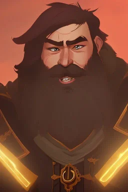 Medieval Fantasy Bearded strong man wearing a thick fur-lined merchant's coat, wearing gold rings, divine, halo, happy smiling, portrait, high definition, realistic, long hair, dynamic lighting, volumetric lighting, mustache