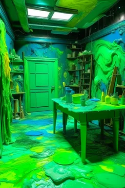 A bluish green laboratory covered in slime painted by Vincent van Gogh