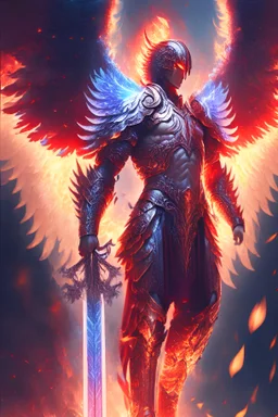 Archangel with 6 wings, full body, intricate red armor, sword in the hand, ornate, cinematic lighting, focused, high details, standing on fire and flames, lightbeam, light ray, digital painting, digital illustration, extreme detail, digital art, 4k, ultra hd, beautiful fantasy landscape, realistic and natural, cosmic sky, detailed full-color, nature, hd photography, fantasy by john stephens, galen rowell, david muench, james mccarthy, hirō isono, realistic surrealism, elements b