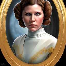 round framed complete and ultra detailed head to waist portrait of young carrie fisher as Princess Leia with detailed hairstyle by Mandy Jurgens and mucha and Richard Schmid and chuck close and chie yoshii, extraordinary and detailed ceremony dress of star wars,