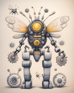 a robot made in the shape of a gear wheel and a robot bee above the head for a children's story, made with crayons, scale the drawing so that it does not protrude beyond the view