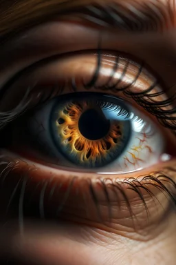 A girl's eye close to the lens, looking at the top right of the camera. A close-up image of the eye. A very realistic image. An image that looks imaginative and professional, full of magic and brilliance. High resolution, complete details, very clear features, Hyper Relastic.