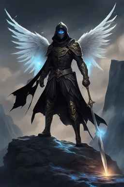 A commander with a black cloak and a long coat with long combat boots and a long spear with his Helmet is golden under his cloak like assasins With a magical power in his hand and a white anklet and boots With blue flame eyes,It has two black wings on its back,Standing on top of a rock