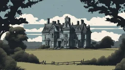 disused, Victorian manor house, blue sky, over-grown fields, vector art