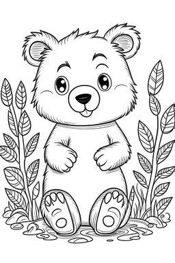 cute coloring page, sketch style, cute baby bear in the wood, cute cartoon, white and black, withe background, no shadows, outline.