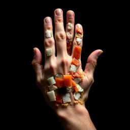 real photograph made on a nikon lens camera, down-shot of a mosaic of sushi pieces making a hand, dark negative space,