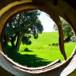 round window looking out onto lush scene of hobbiton, trees, bushes, overgrown, lush