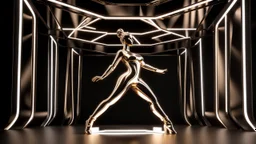 a 3d fractal stage structre made of metallic dark color 3d structures, pertty artistc background,dynamic lights,lady prances in modern fashion clothing dansing in stage