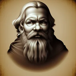 Dwarf, short person, white beard, white hair, not very old, chain clothes, wounded, Da Vinci style, sepia.