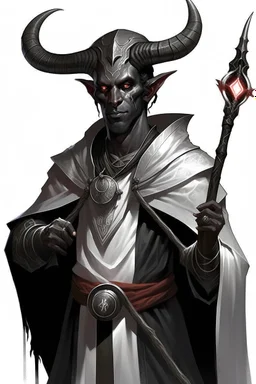 En Young male black skin black hair tiefling Wizard with large horns glowing Silver and White symbols Everywhere on his body. He's wearing silver and White Rope and a silver cloak. His horn a perfectly place on acet from the front to the back pointing upwards with glowing Red cat Eyes holding a quarterstaff. His close is elegant get simple his horns Are Same size