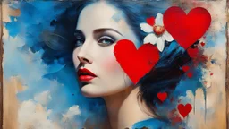 old painting, torn edges, blue, WOMAN, love, red heart, light, flower, double exposure, abstract surreal portrait, oil painting in impressionism, large strokes, airbrush effect, textured painting, antique style, vintage, semi-abstract, semi-realistic, surreal .