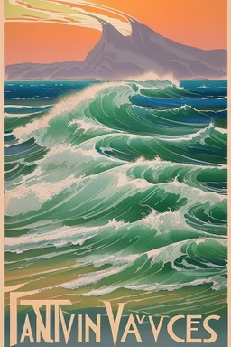 Vintage travel poster showcasing the majestic waves on beaches of Landes in France in a watercolor painting style reminiscent of 1930s European travel advertisements, like those by Henri Cassiers. The scene is captured during golden hour with soft glows highlighting the peaks, featuring muted pastels with pops of rich blues and greens. The composition offers a wide-angle view, with a focal length of around 24mm, presenting a vast mountain range at the center and a quaint village at the base.