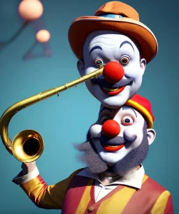 happy and funny old friendly clown with round head and trimmed beard playing jazz with a steampunk theme, trumpet on mouth, carnival, dreamy